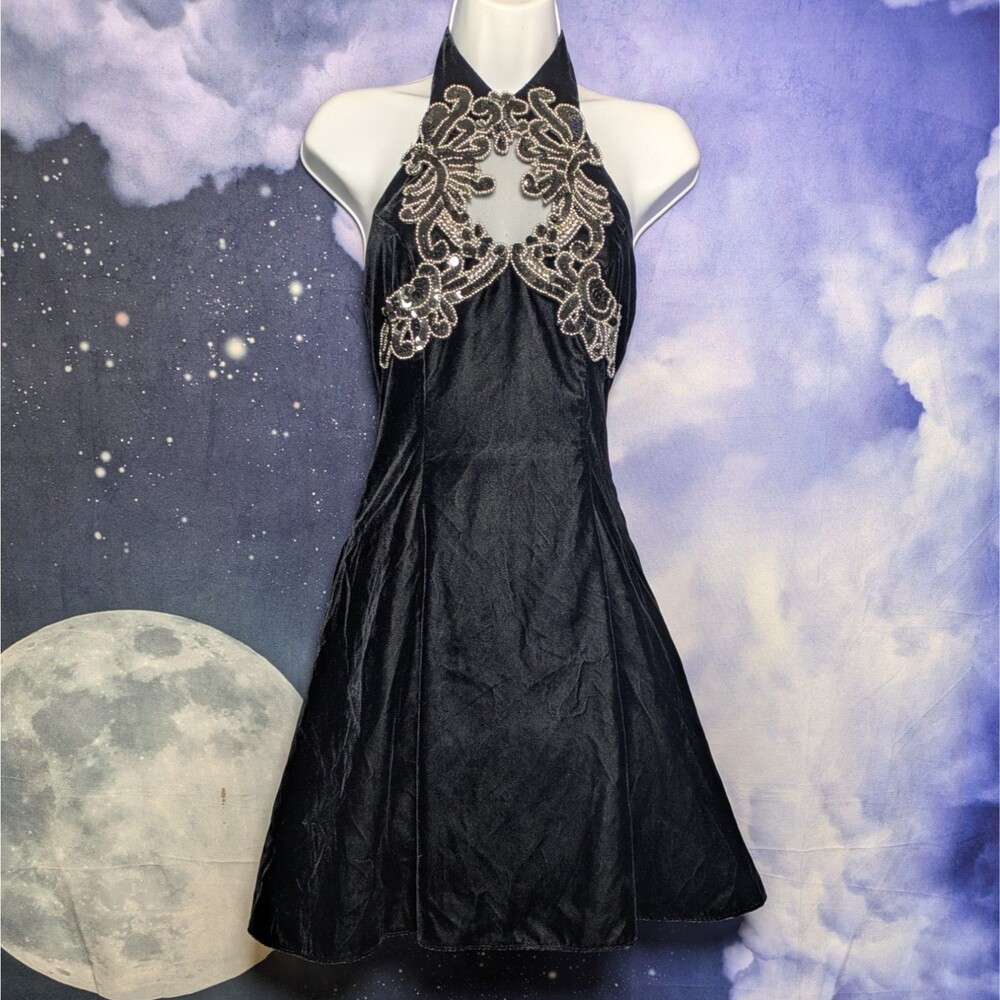 Vintage Black Velvet Beaded Halter Dress Goth Glam Party Cocktail XS Zum Zum 90s - Picture 11 of 13